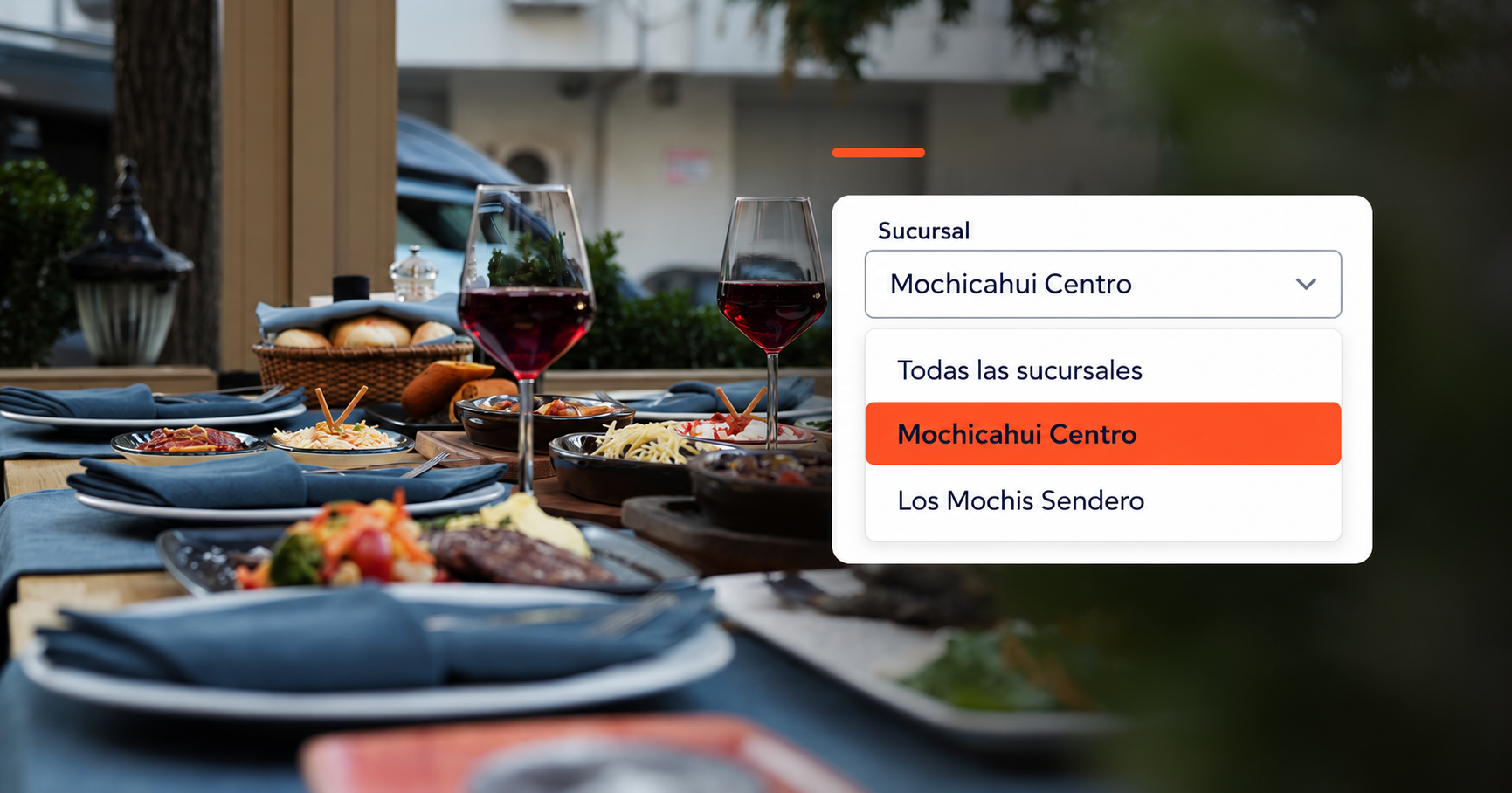 Restaurante con el selector de sucursal abierto: Todas las sucursales, Mochicahui Centro y Los Mochis Sendero.