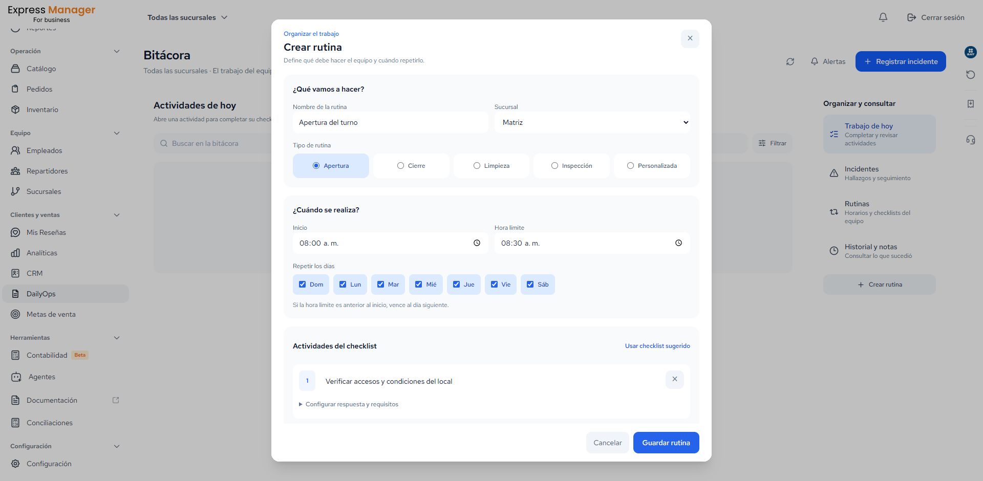 DailyOps real de Express Manager con el formulario para crear una rutina, horarios y checklist