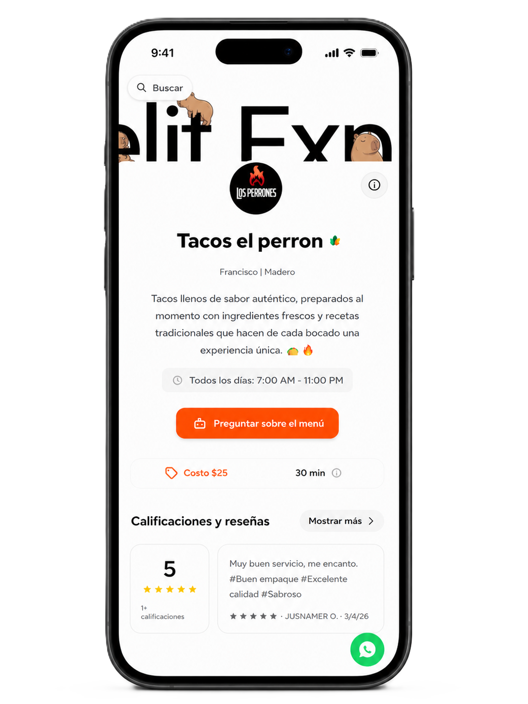 Menú de un negocio desde el celular