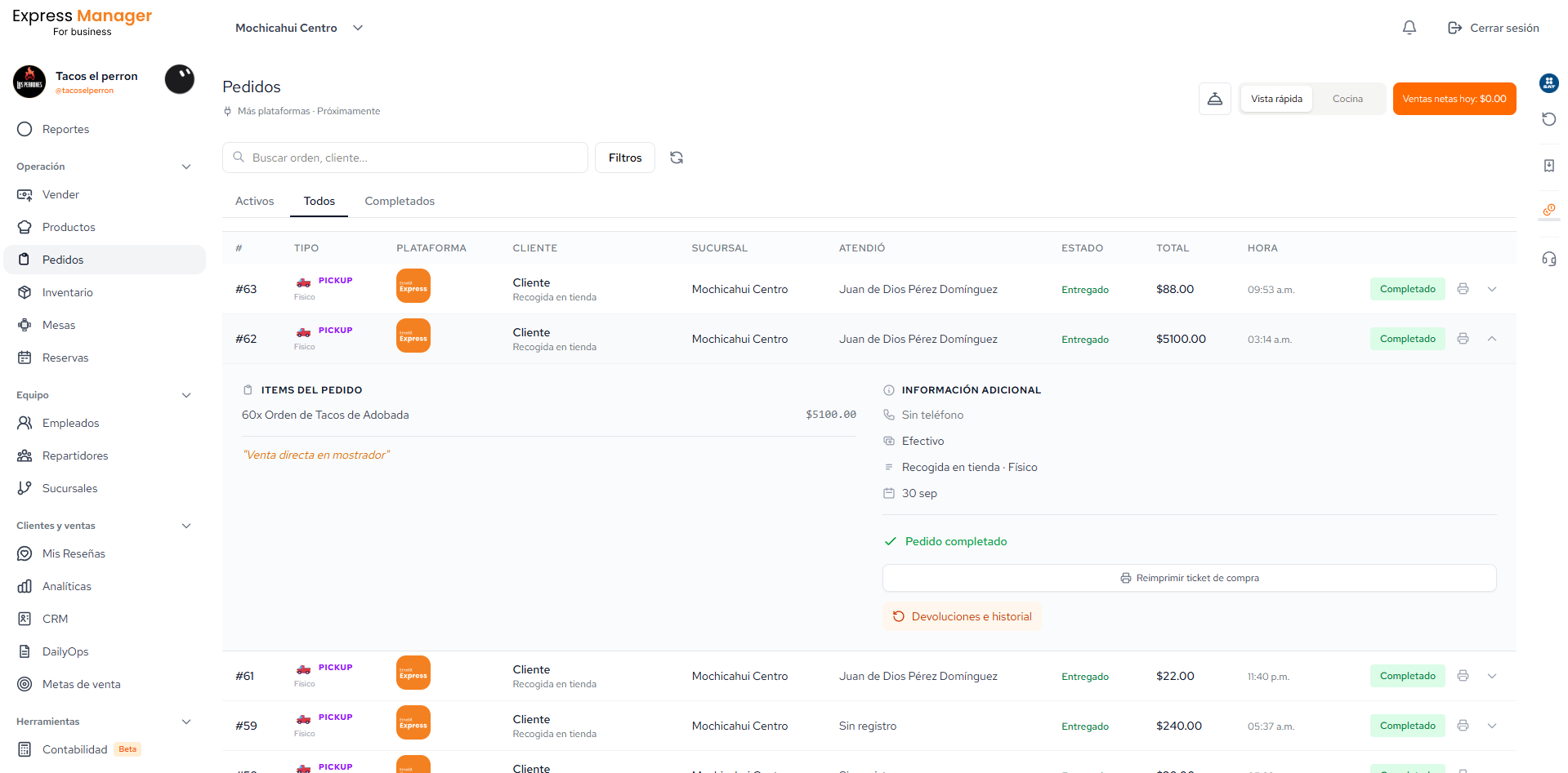 Panel de Pedidos de Express Manager con estado, cliente, sucursal, responsable, total y detalle de una orden completada